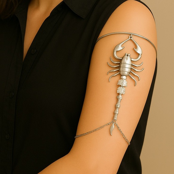Silver Scorpion Arm Cuff Chain Bracelet Statement Jewelry Tribal Goth Adjustable - Picture 1 of 9